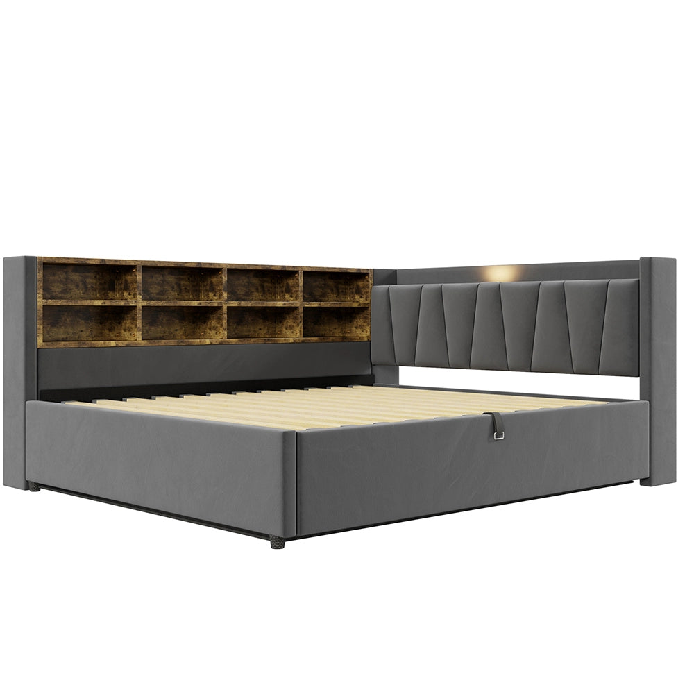 Divano letto-Xylo-140x200 cm-LED, USB-C, velluto grigio scuro