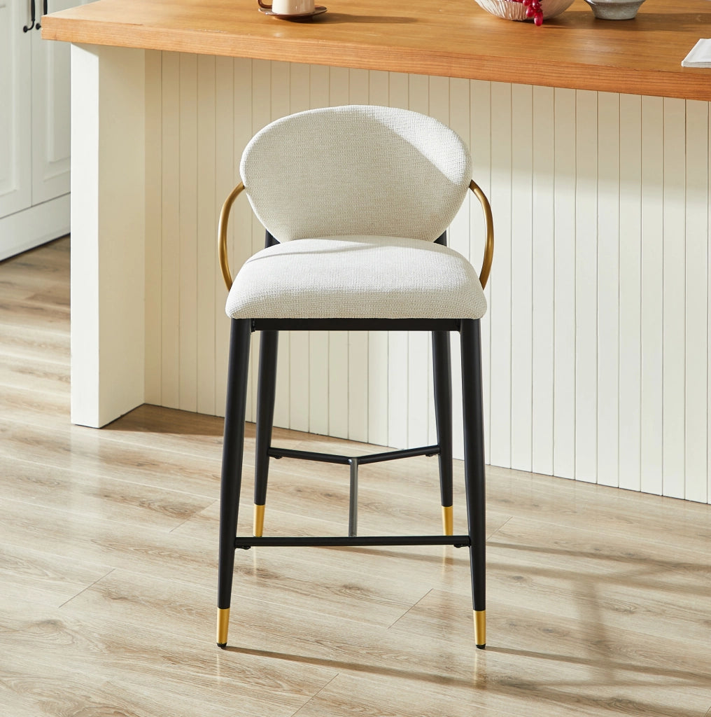 Sgabello da bar in ciniglia beige con struttura nero oro
