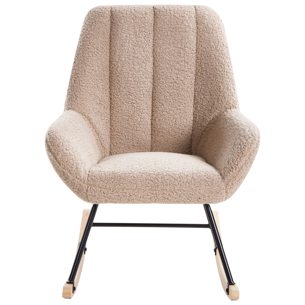 Sedia a dondolo Rivestimento in bouclé beige Teddy Metallo Gambe nere Braccioli Ampio schienale Soggiorno