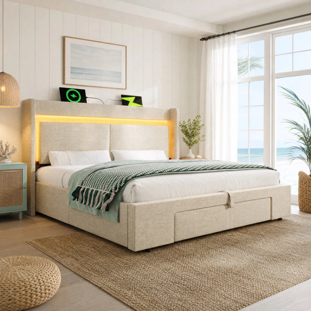 LETTO Contenitore idraulico 140x200 cm Beige in lino con LED e USB-C