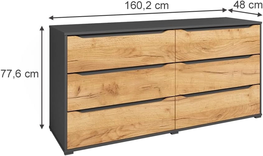 Credenza Ruben, Quercia dorata, 48 x 77.6 cm con cassetti, per riporre abiti e oggetti di uso quotidiano