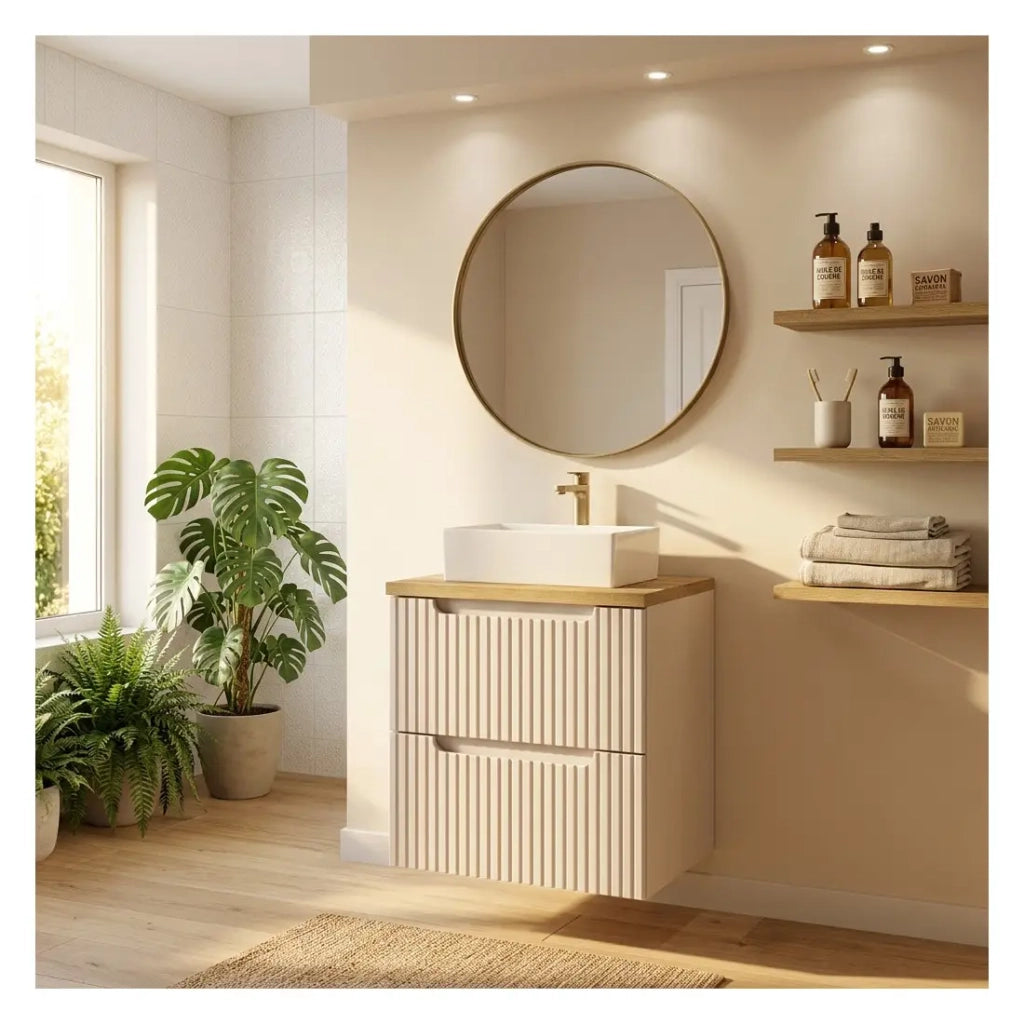 Set da bagno VANO cachemire e quercia 50cm: mobile sottolavabo con cassetti scanalati verticalmente + piano per lavabo