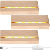 Base display LED - Piattaforma in legno - Finestra elegante - Colorazione calda - Alimentazione USB - Adatto per piastrelle di acrilico - 3 pezzi