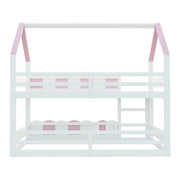 Letto a castello bambino 90×200 cm; design casa con scala; 2 livelli; senza materasso; legno; rosa bianco