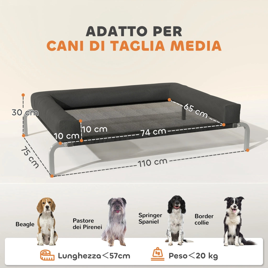 Lettino per Cani Rialzato con Cuscino ¨C Zephmum ¨C Nero Argento Poliestere Acciaio 110x75x30