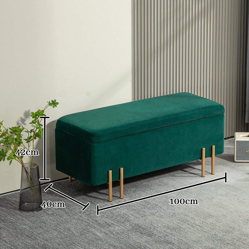 Panca contenitore in poliestere con ampia capienza e piedi in metallo galvanizzato verde per casa 100 × 40 × 42 cm