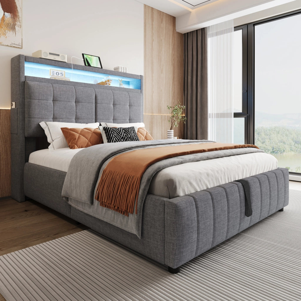 Letto matrimoniale imbottito 140x200 cm con LED e USB grigio