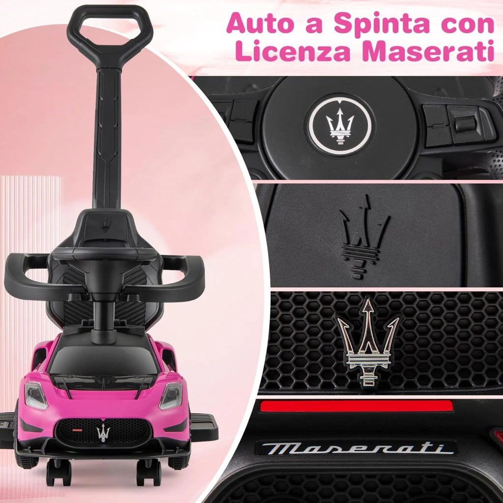 3 in 1 Maserati Auto da Spinta, Auto Scorrevole con 2 Ruote Universali Volante Musicale Paracolpi e Manubrio, Macchina Cavalcabile con Ripostiglio per Bambini 18-60 Mesi (Rosa)