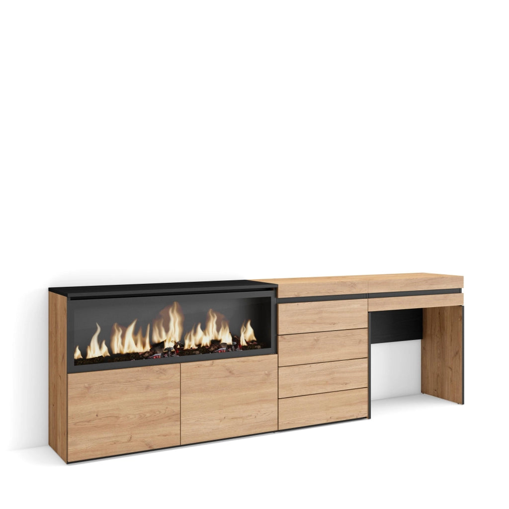 Tavolo da toeletta, 234x35x75cm, Con cassetto, Camino elettrico XXL, Cassettiera, colore Rovere RF3472