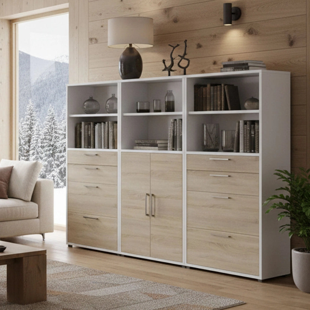 Credenza Vinovo, Buffet da soggiorno, Madia da salotto, Dispensa da cucina, 267x40 h186 cm, Bianco e Quercia