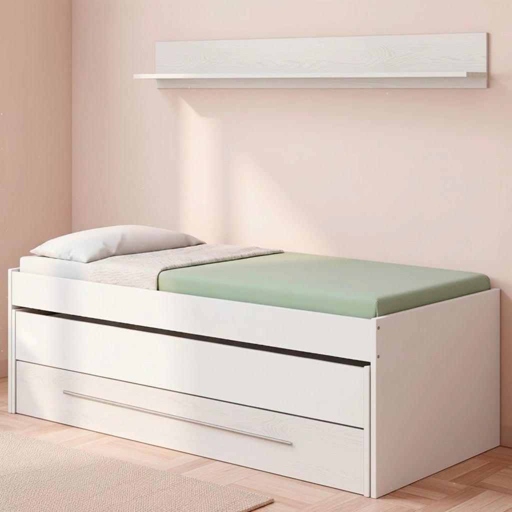 Letto Estraibile Con Cassetto Integrato E Mensola Design Nordico Ideale Per Camerette Piccole Pratico Robusto E Funzionale 65 × 199 × 96 Cm Bianco E Bianco Effetto Legno