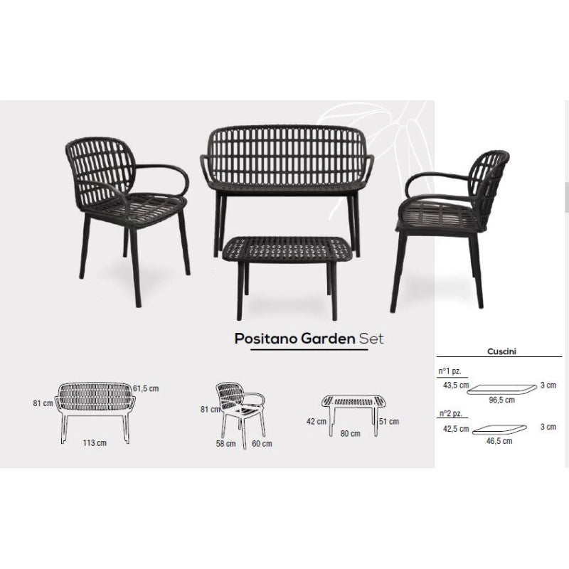 Set tavolino 2 sedie divano Positano Garden set con cuscini 3 colori - Antracite