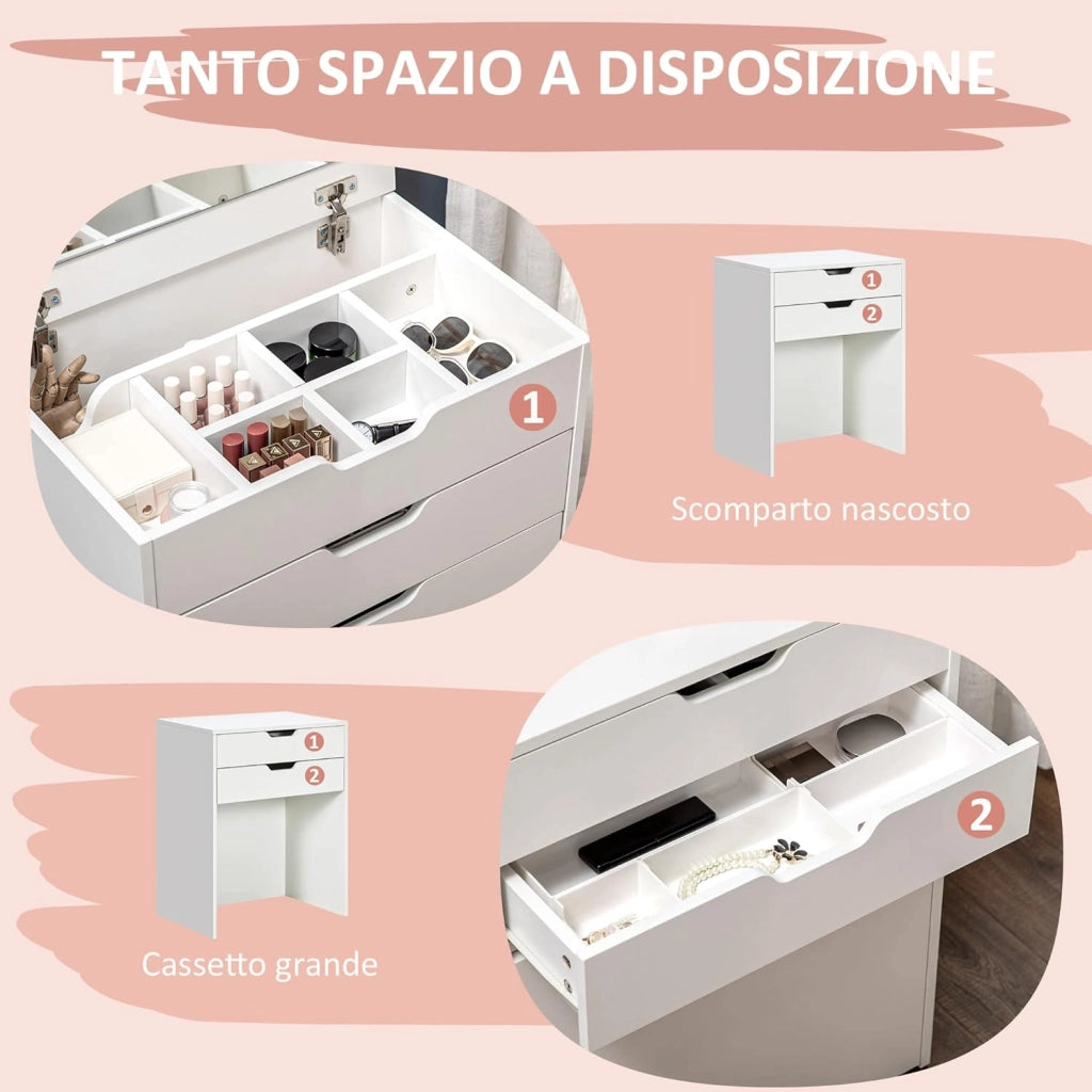 HOMCOM Toeletta da Camera con Specchiera e Sgabello Abbinato, Postazione Trucco con Vano Nascosto e Cassetto in Legno, Bianco
