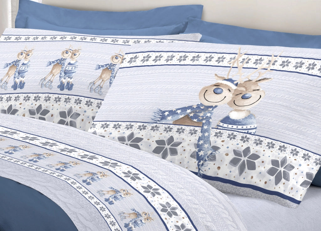 Completo Lenzuola Linea Pensieri Delicati 100% Cotone Disegno Renna - Matrimoniale - Blu