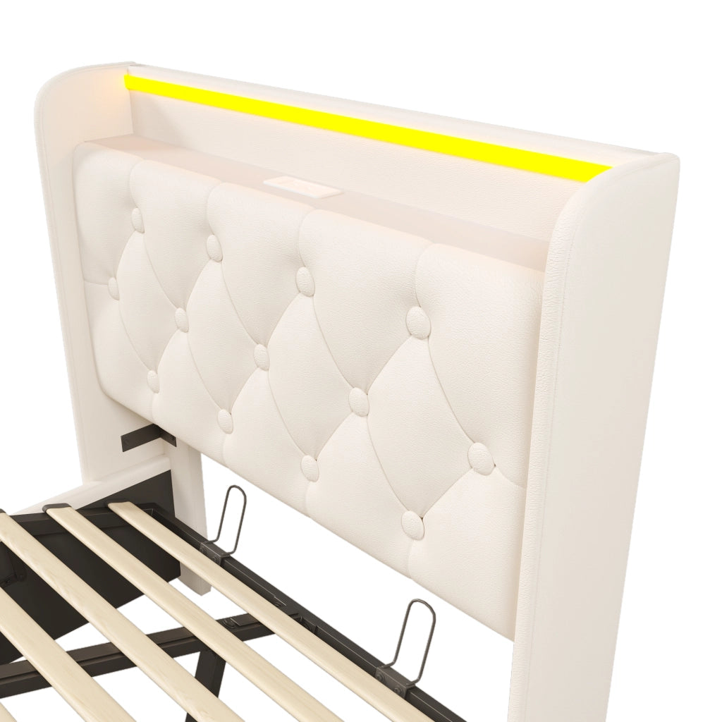 Letti contenitori 90x200 cm LED 360°; USB Tipo-C; PU bianco (Senza materasso)