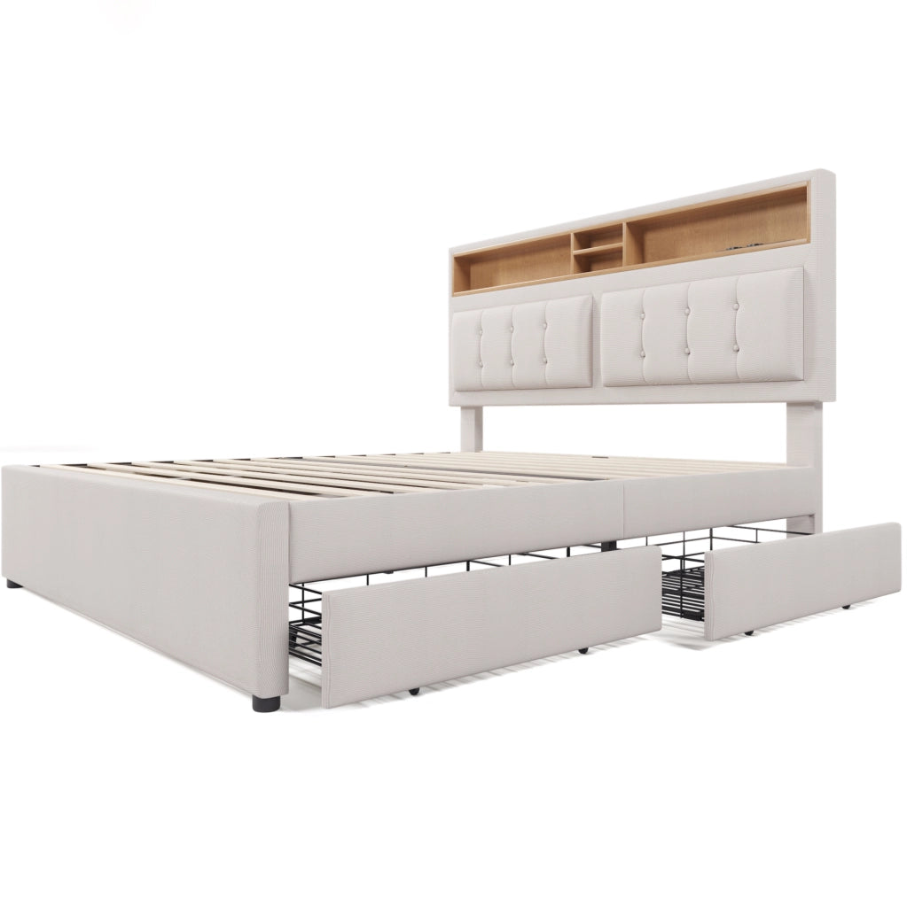 Letto matrimoniale 140x200 cm con 4 cassetti; USB C; testiera regolabile; lino beige