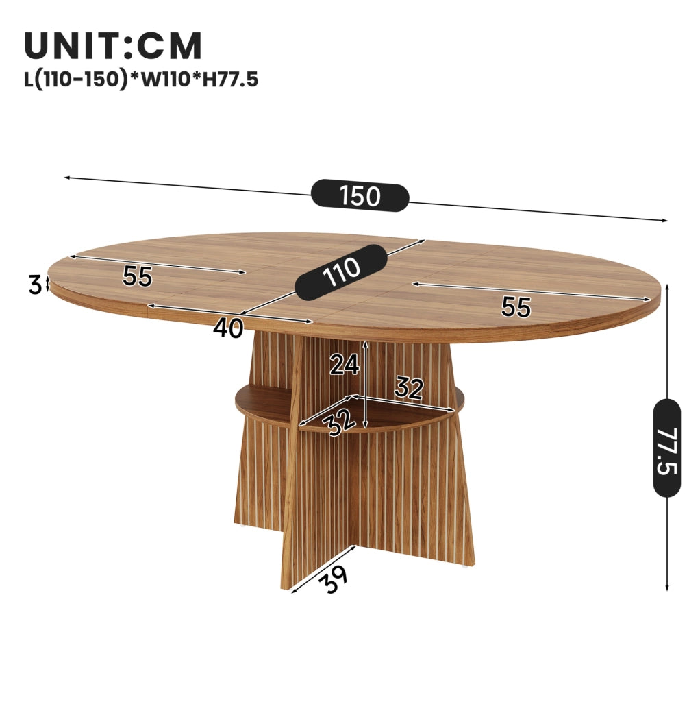 Tavolo da pranzo rotondo allungabile 110-150x110x77;5 cm con ripiano; effetto noce