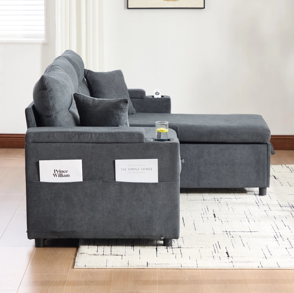 Divano 3 posti in tessuto effetto lino con contenitore; USB-C e letto estraibile; grigio scuro 212;5 cm