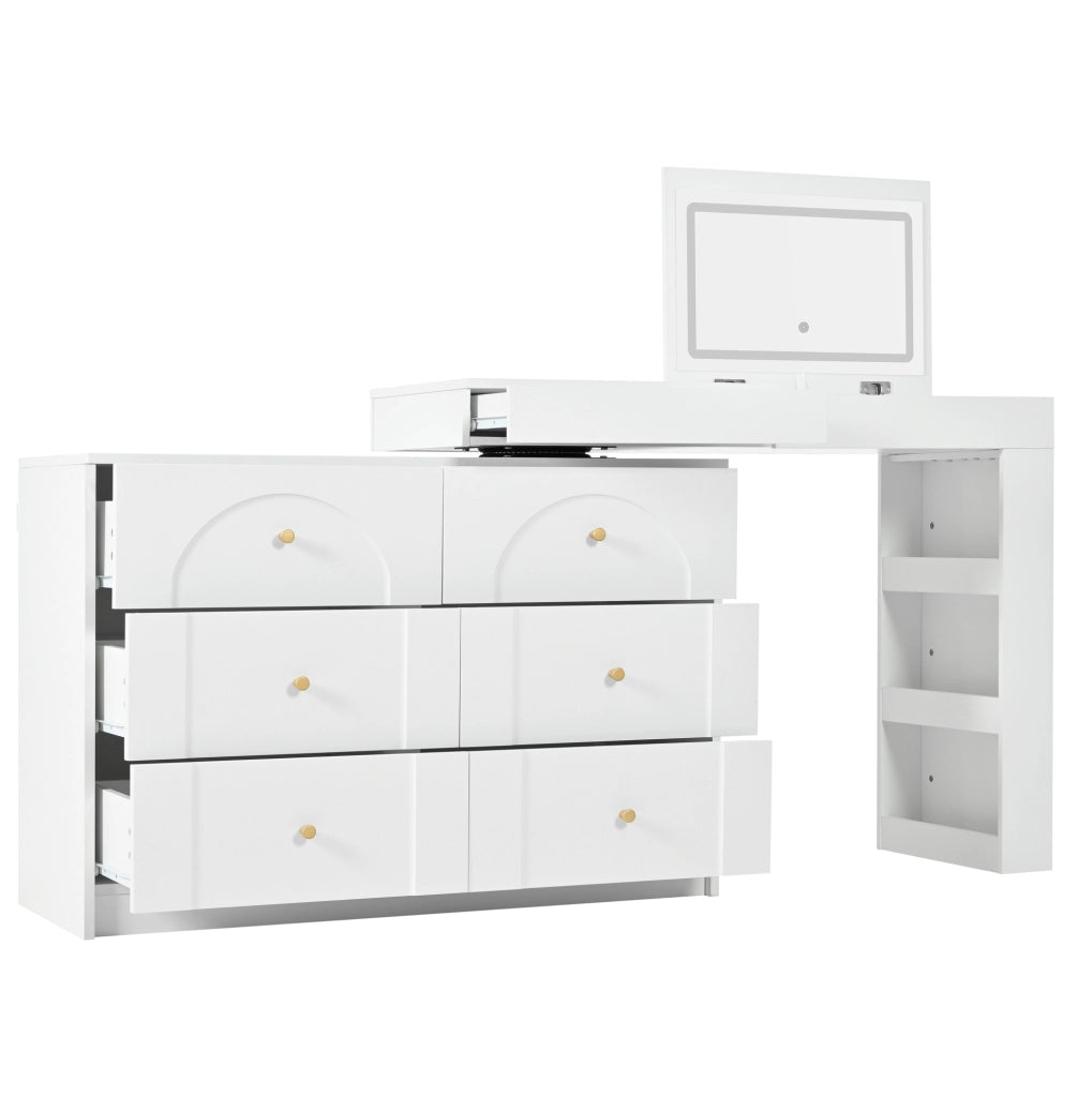 Toeletta girevole con specchio LED e 7 cassetti bianca