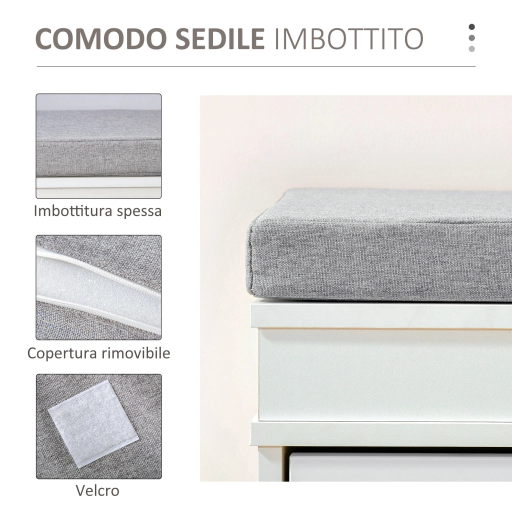 Panca Scarpiera Salvaspazio con Cuscino e 2 Cassetti ¨C Zephmum ¨C 104x24x55cm, Bianco, Legno