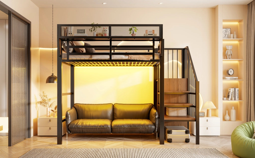 Letto a soppalco 90 × 200 cm con LED, scala di sicurezza e ripiano regolabile, senza materasso, in metallo, nero
