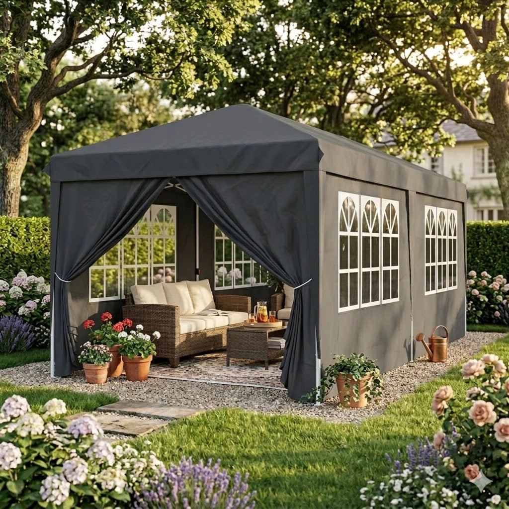 Gazebo Pieghevole 3x6 Metri Con Pareti Laterali E Finestre Impermeabile Altezza Regolabile Struttura In Metallo Nero
