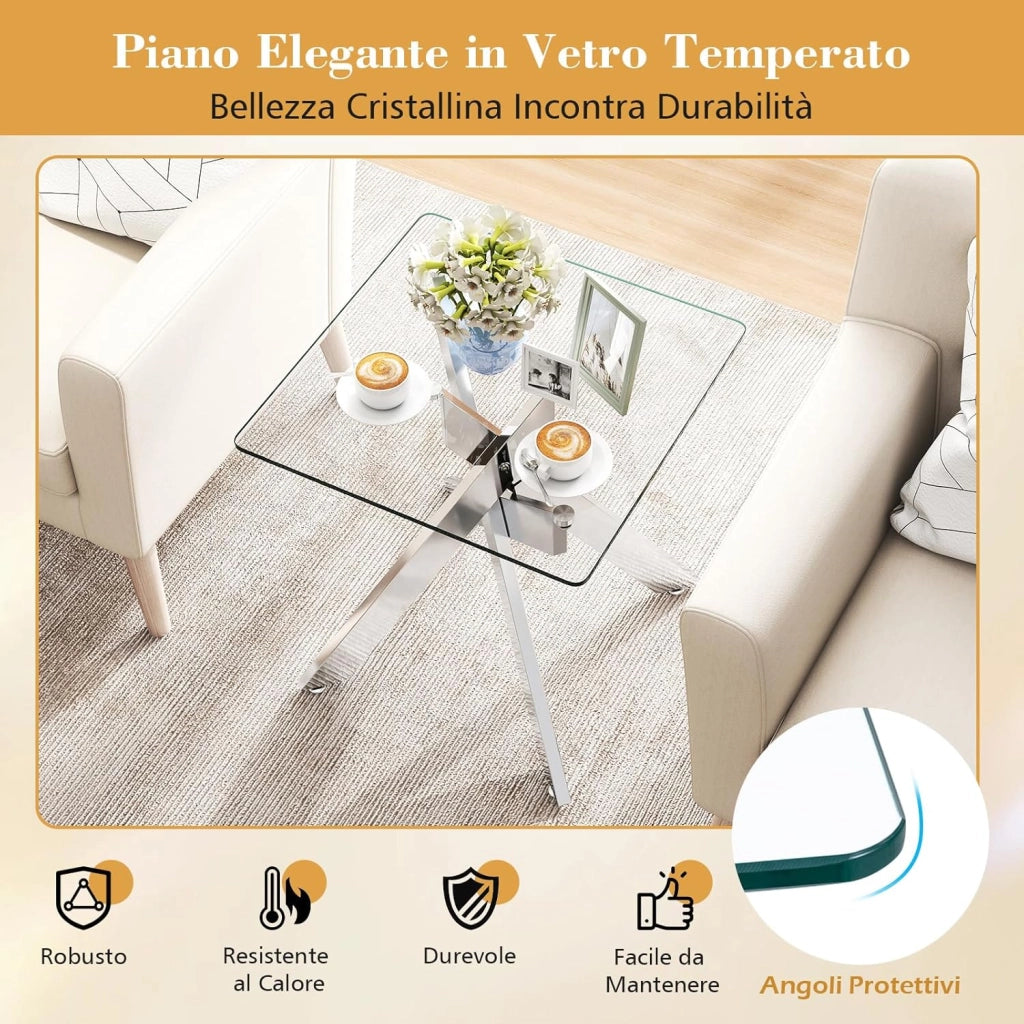 Tavolino Laterale in Vetro, Tavolino Moderno Quadrato con Piano in Vetro Temperato e Base a X in Metallo, Tavolo per Spazi Ristretti, per Soggiorno e Camera da Letto