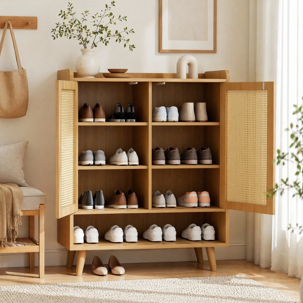 Mobile porta scarpe in rovere chiaro con 2 ante e ripiani interni, struttura in truciolare e gambe in massello, 80x105x35 cm