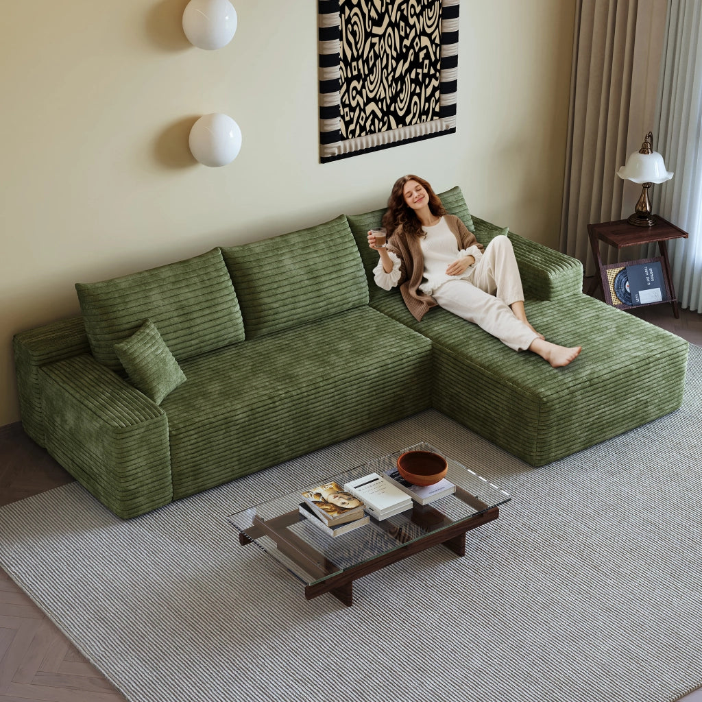 Divano angolare modulare senza montaggio con seduta profonda in tessuto a coste verde 270 × 175 × 83 cm