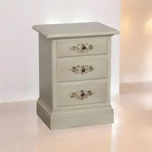 Comodino in legno Shabby chic 3 cassetti bianco anticato decorato a mano
