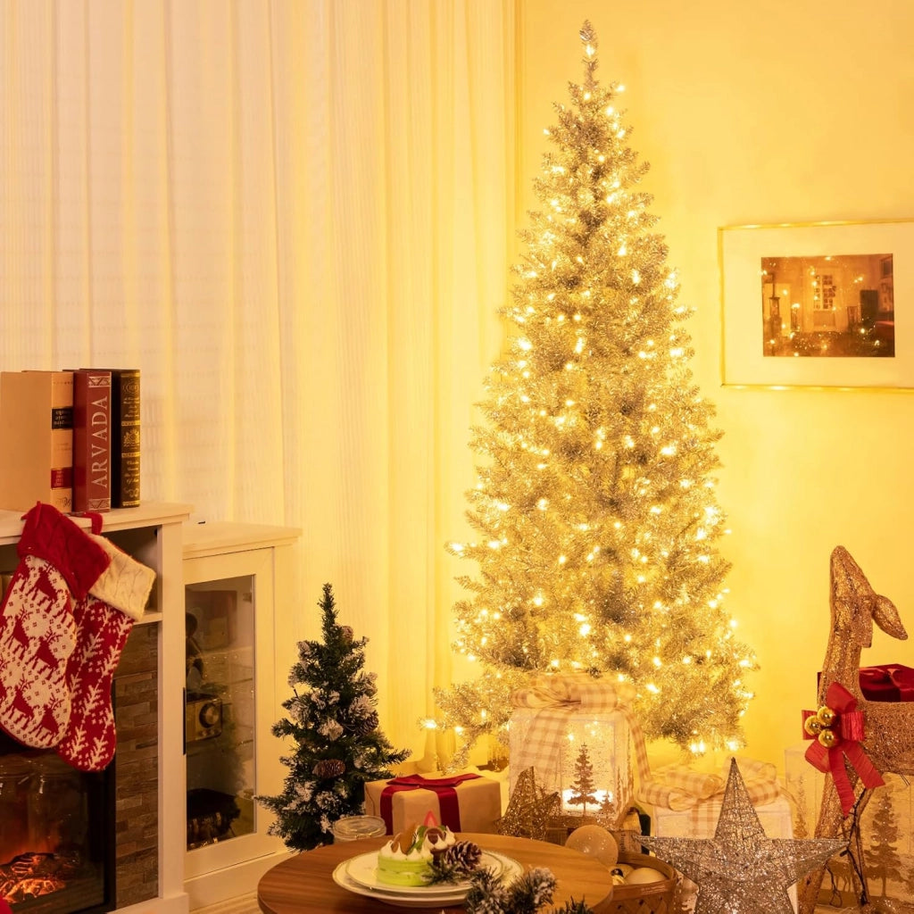 Albero di Natale 180 cm, Albero di Natale Artificiale Argento con 790 Rametti, 300 Luci a LED Bianco Caldo, Supporto Pieghevole in Metallo, Decorazione Natalizia per Ufficio e Casa