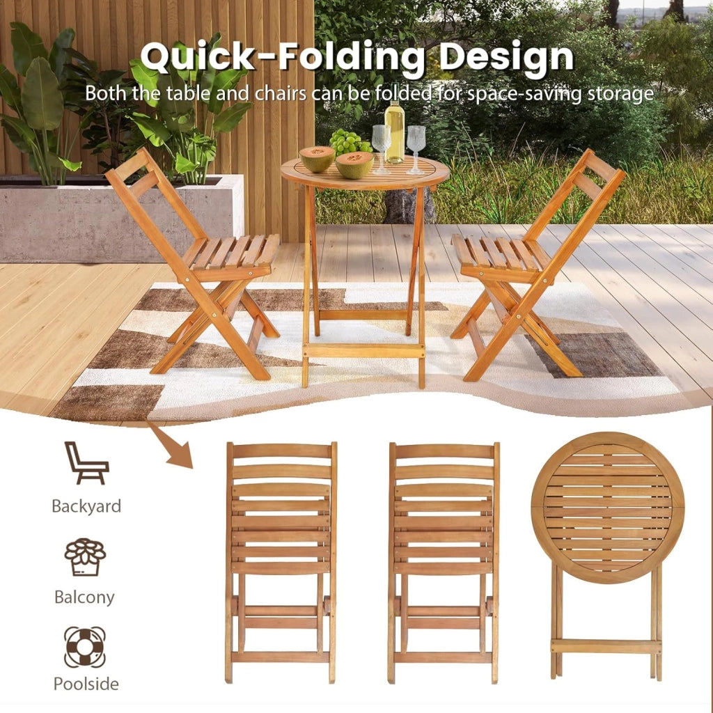 Set da Bistrò Pieghevole, Set da 3 Pezzi in Legno di Acacia, Tavolo Portato 40 kg, Sedie Portato 160 kg, Set Terrazza, Set Tavolo e Sedie da Giardino, Set da Esterno per Balcone, Naturale