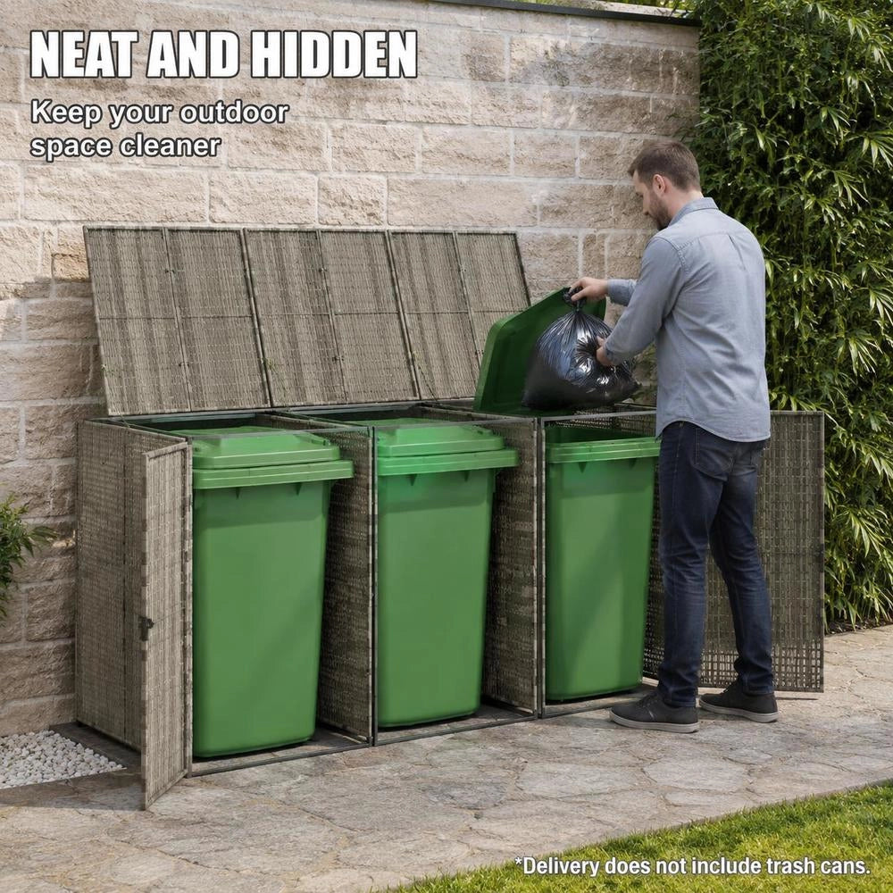 Bin Storage Unit For 3 Bins, Grey, 207x80x117 Cm, Poly Rattan