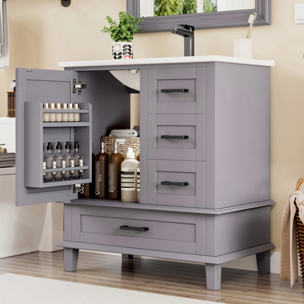 Mobile bagno freestanding con lavabo in ceramica integrato, 76x46x83,5 cm, grigio