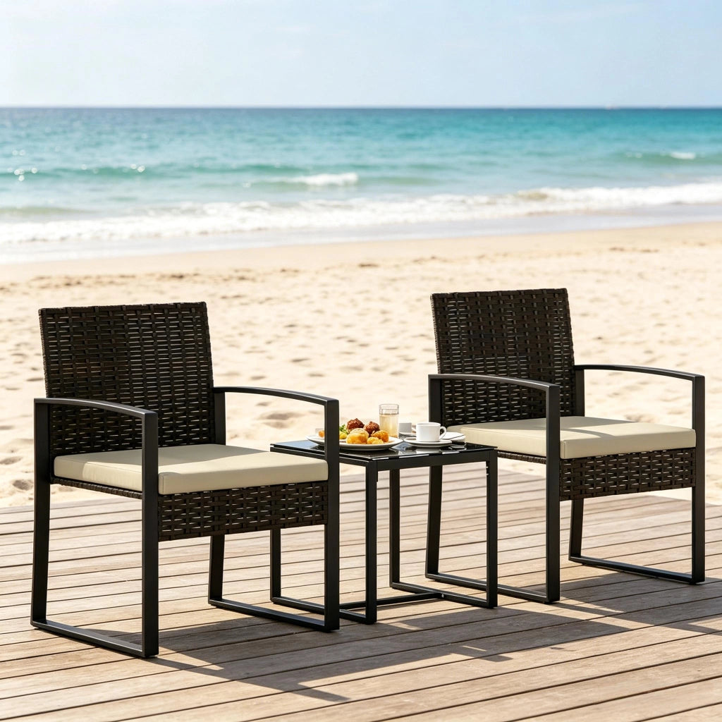 SET GARDINO Tavolo bistrot 40x40 cm con 2 sedie e 2 cuscini in rattan PE nero/marrone