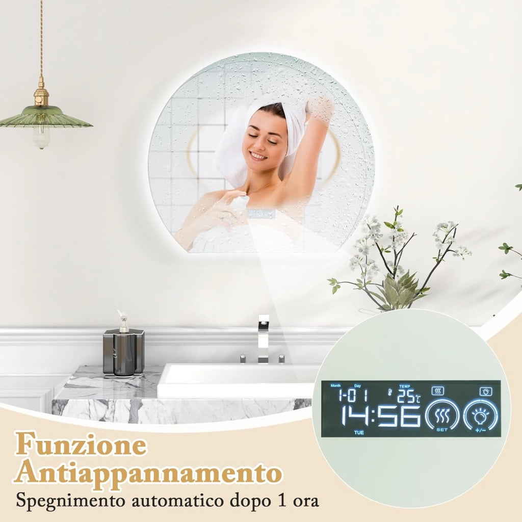Specchio da Parete, Specchio IP44 da Bagno Arco Moderno 60 x 53 x 3 cm con Cornice in Alluminio, Luce Led Regolabile e Display per Sogiorno, Camera da Letto e Ingresso, Bianco