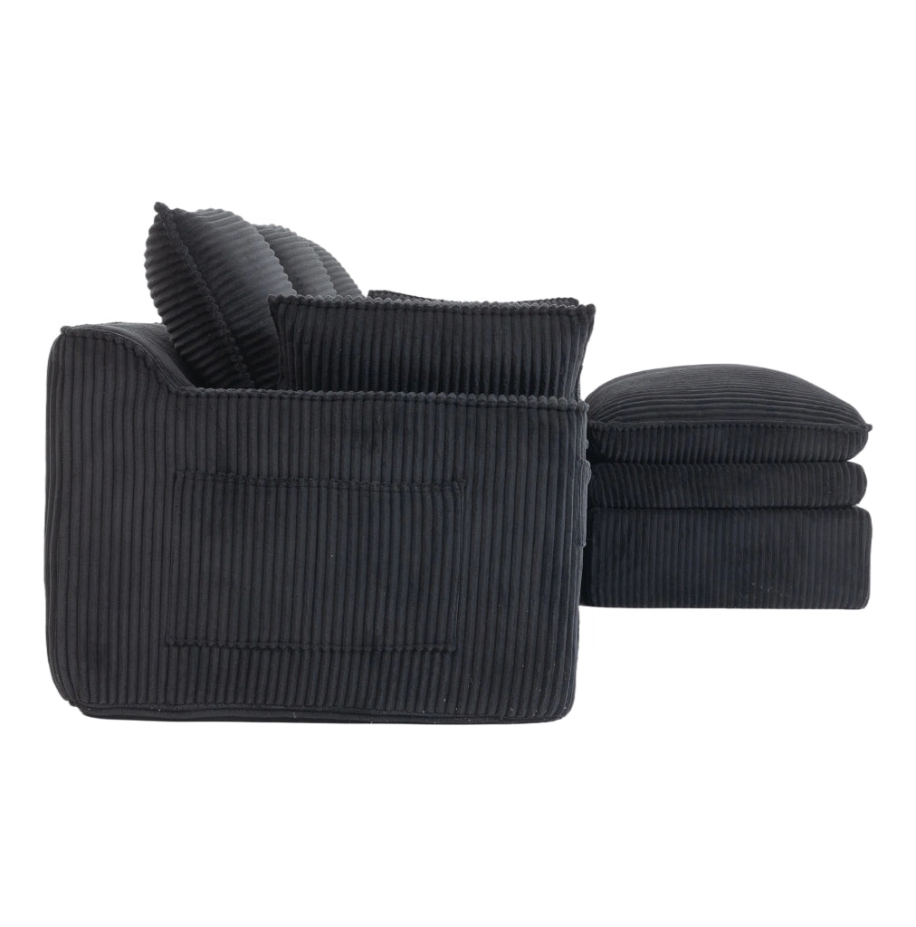 Divano modulare in velluto a coste nero con pouf e tasche laterali