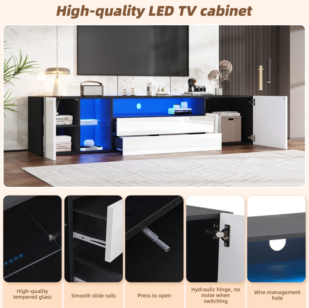 Mobile TV ULEVR 180x40x45 cm con LED controllabile via app, 2 cassetti e 2 vani chiusi, bianco e nero