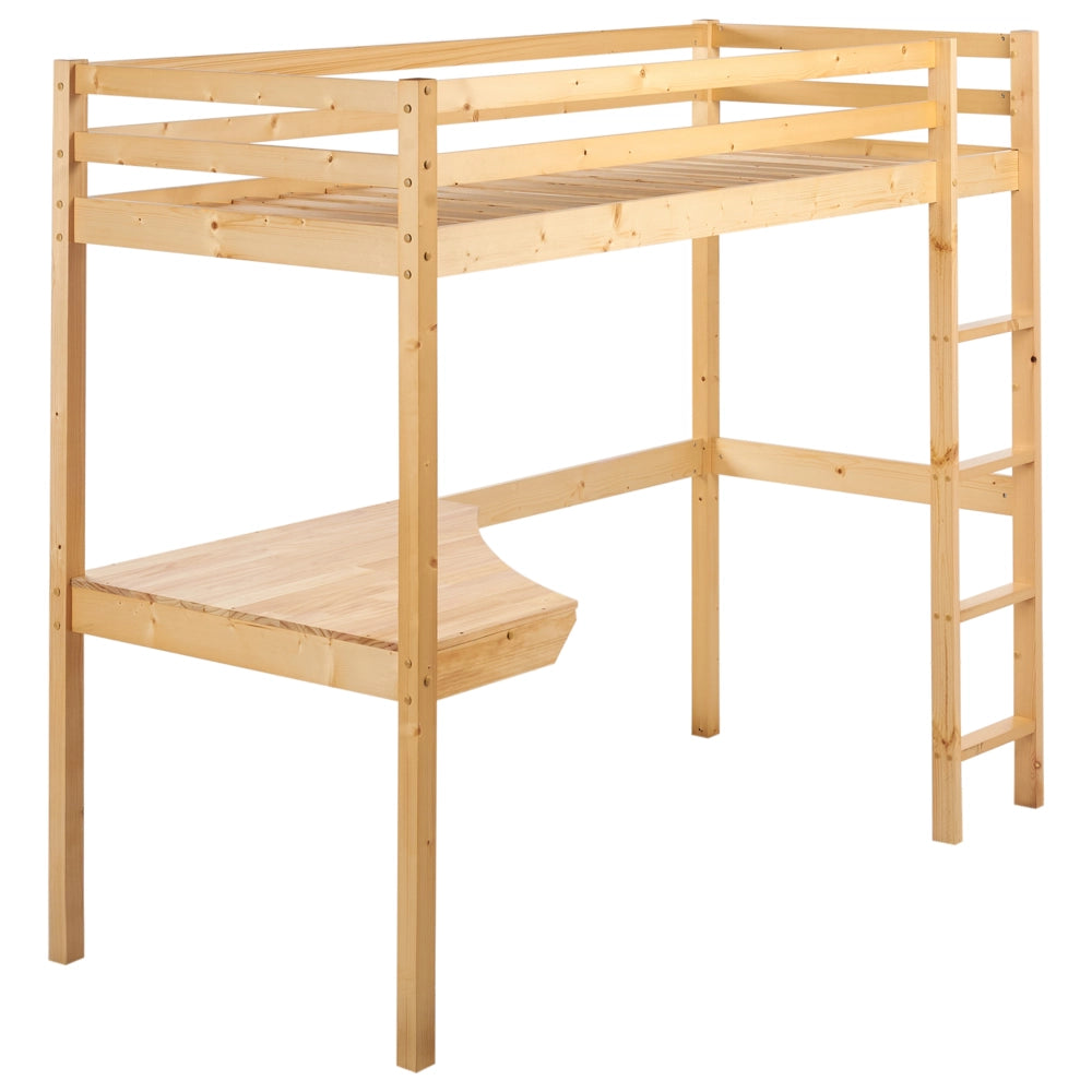 Letto singolo a soppalco in marrone chiaro 90 x 200 cm con telaio e contenitore con scrivania cameretta bambini