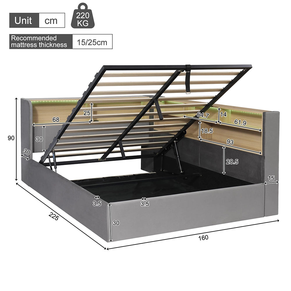 Divano letto con contenitore idraulico - Xylo - 140x200 cm - Grigio - LED, USB, velluto
