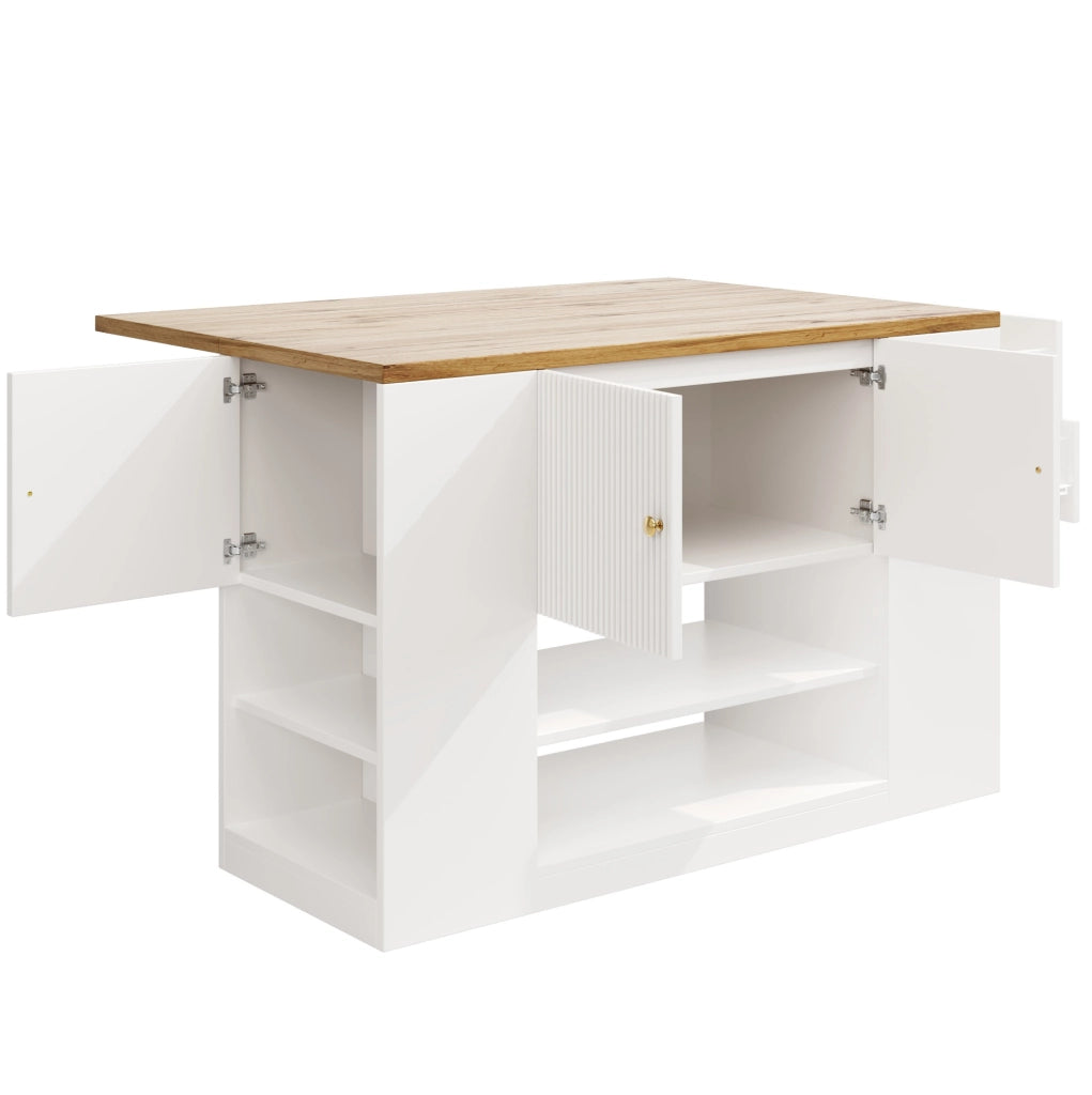 Isola cucina 140x70x90 cm con piano ribaltabile; ampio spazio contenitore in MDF e metallo; bianco
