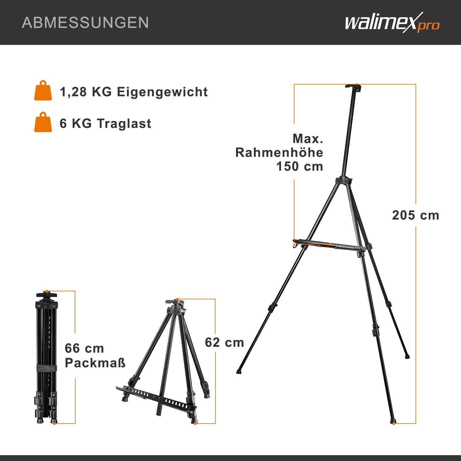 Cavalletto XXL 62-205cm, alluminio I cavalletto da studio, cavalletto da tavolo e cavalletto da campo I per tele fino a HxD: 150x4cm, fino a 6kg I vassoio e supporto per colori e pennelli