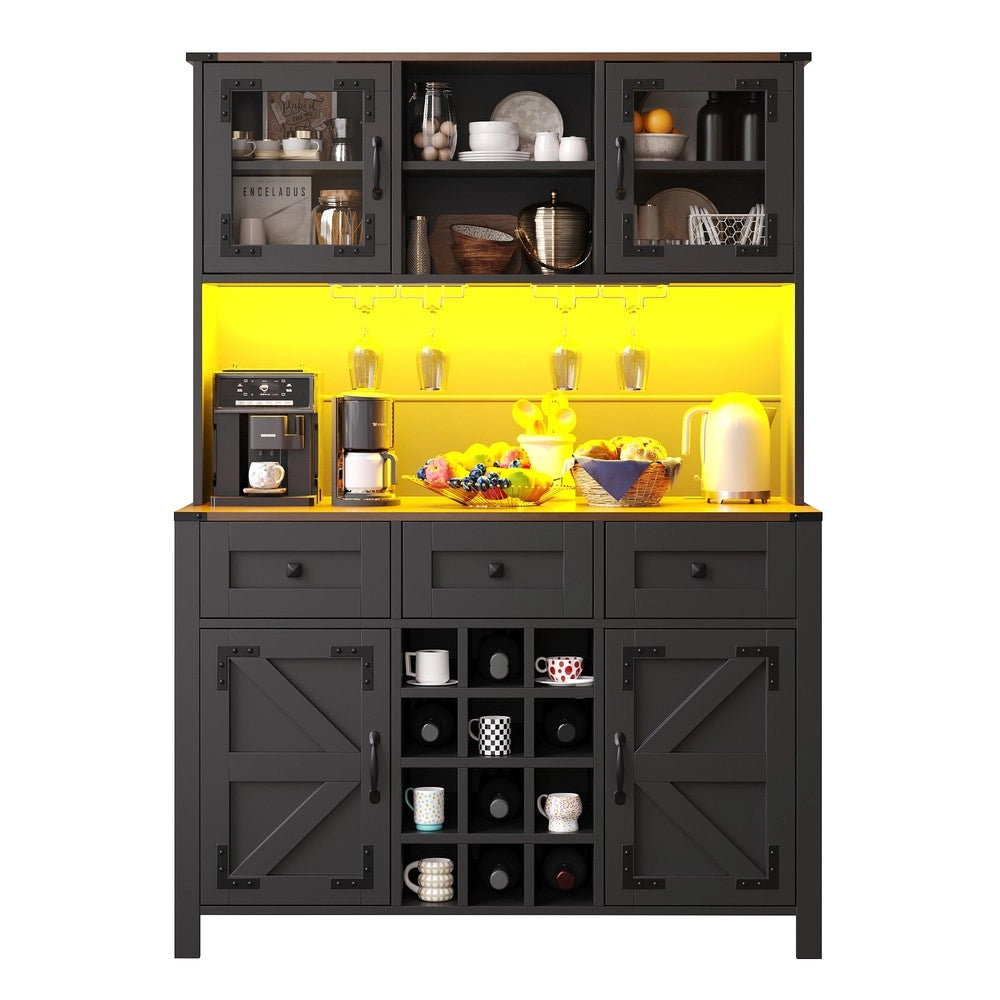 Credenza Alta con LED, USB e Prese ¨C Xylo ¨C 4 Ante, 3 Cassetti, Nero, 120x40x170