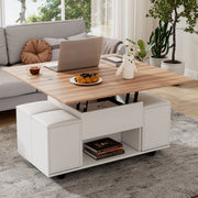 Tavolino da salotto, con altezza del piano regolabile, dotato di vano portaoggetti, trasformabile in tavolo da pranzo/scrivania, con rotelle, 4 sgabelli, bianco e color legno naturale