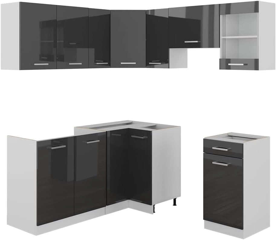 Cucina angolare completa Rick, Antracite lucido/bianco, 190 x 60 cm, PL Marmo, con elementi modulari espandibili per una pianificazione flessibile della cucina