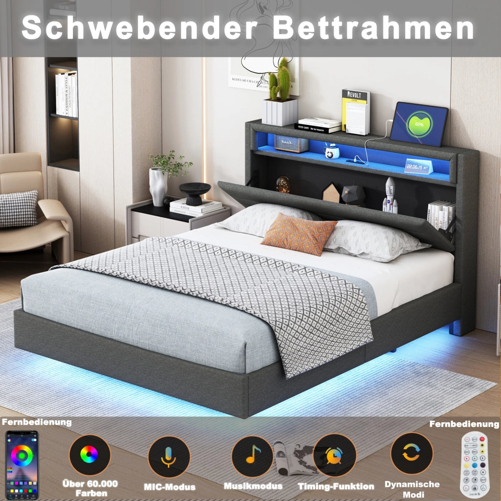 Letto matrimoniale – 140x200 cm – USB LED testiera reversibile – lino grigio