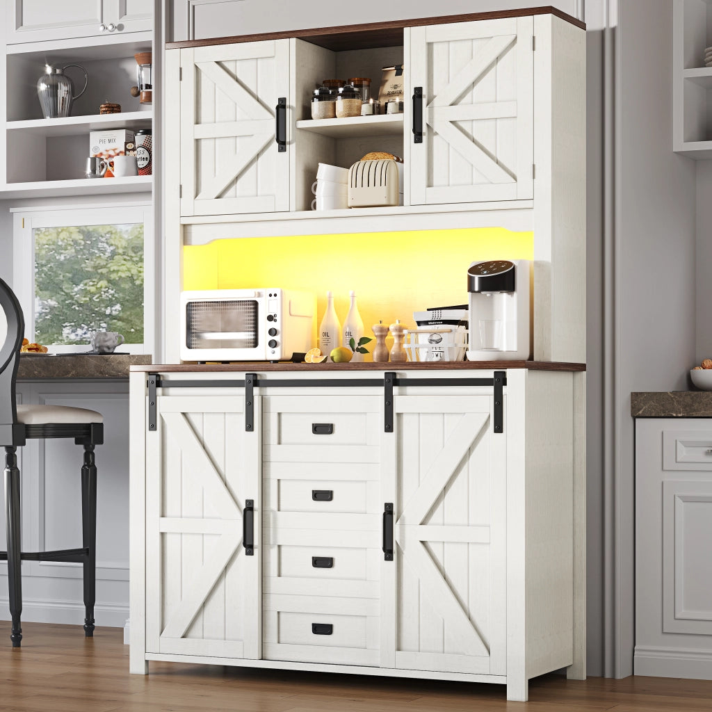 Credenza Alta da Cucina con Ante Scorrevoli; Vano Aperto; 2 Cassetti e LED; in MDF e Metallo; 115 x 40 x 174;7 cm; Bianco
