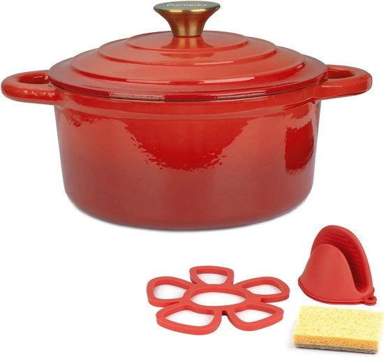 Pentola in ghisa verniciata a fuoco aperto 2,5 litri - Pentola robusta con coperchio e maniglie in rosso, ideale per stufati, brasati e cotture.