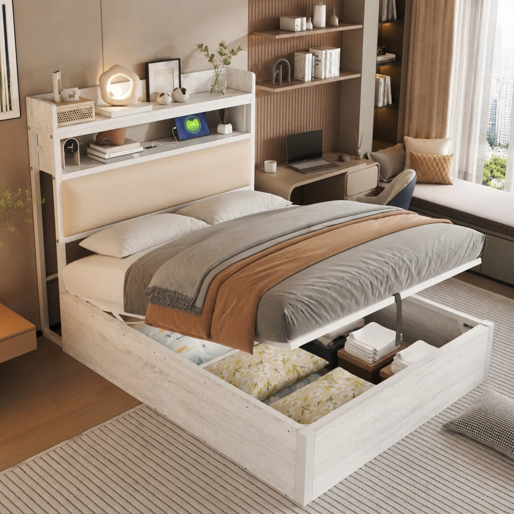 Letto singolo 90x200 cm con contenitore, sollevamento idraulico, USB, testiera imbottita e design retro in legno e metallo, bianco