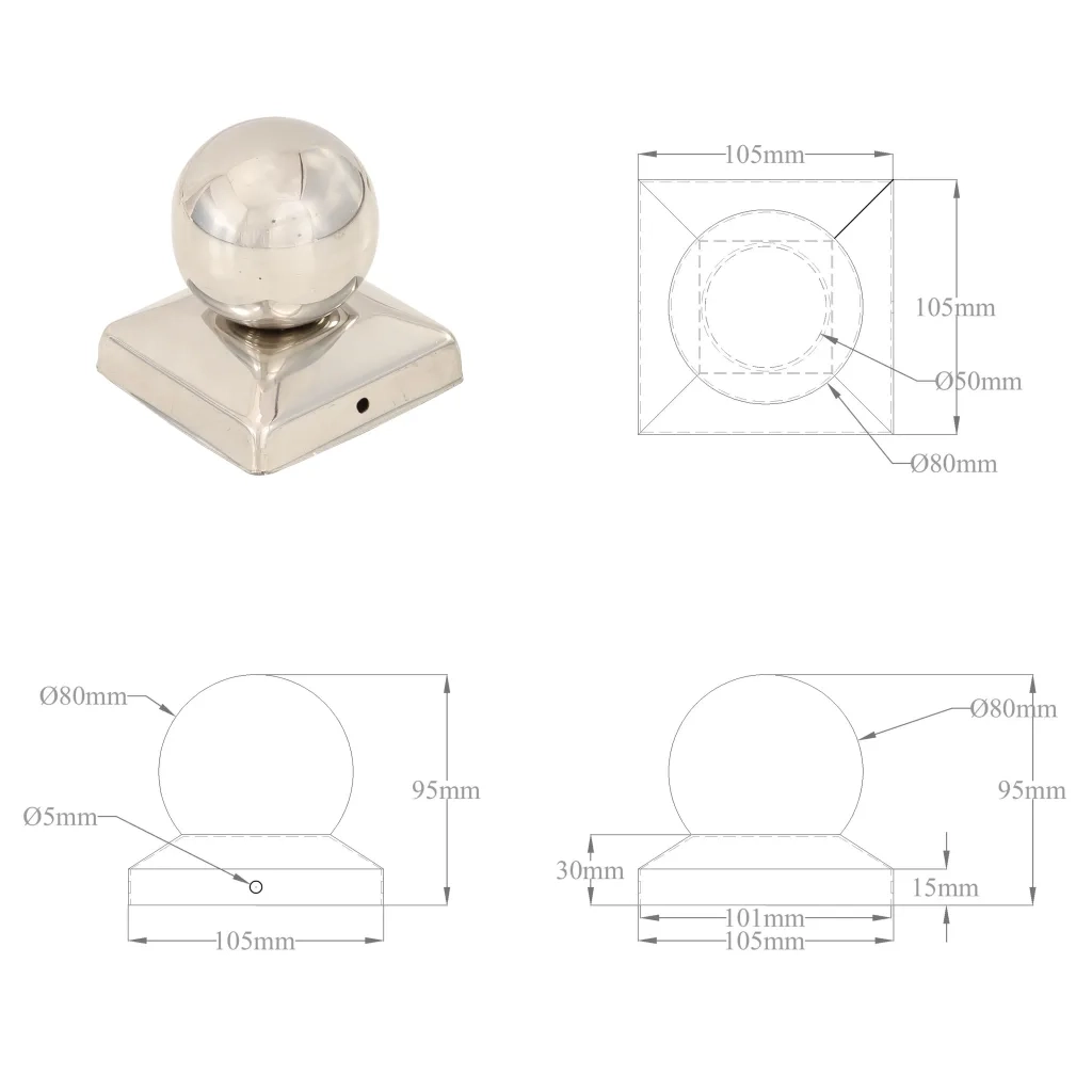 Tappi per Pali 6 pz EstremitÃ  a Globo in Acciaio Inox 101x101 mm